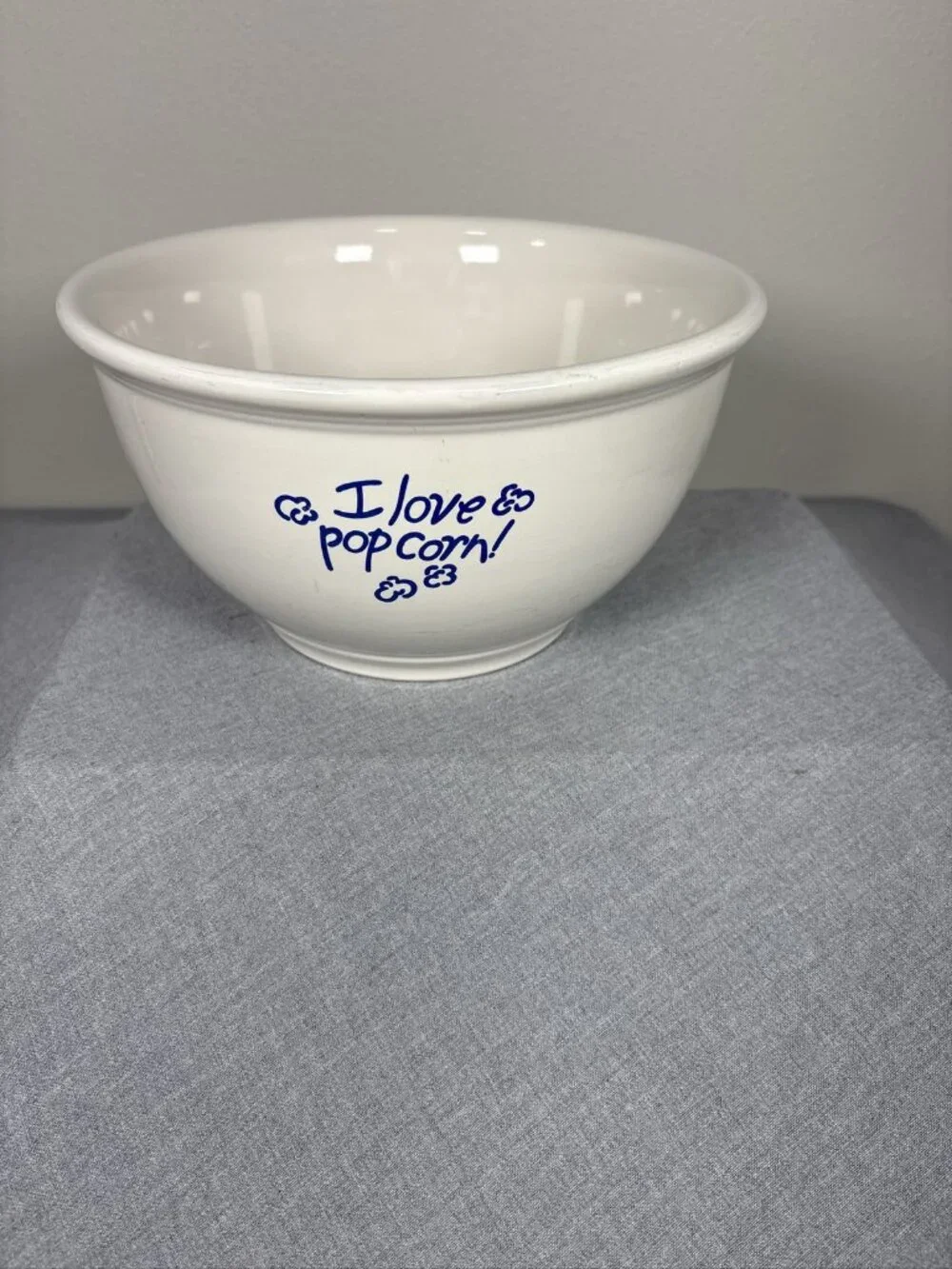 Gibson China I Love Popcorn Ceramic Bowl White Blue Snack Dish